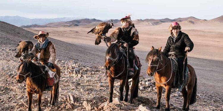 group of mongol eagle hunters